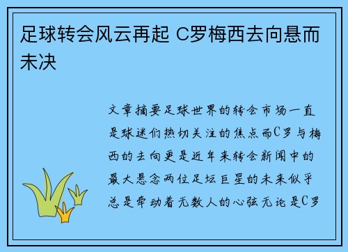 足球转会风云再起 C罗梅西去向悬而未决 足球转会风云再起 C罗梅西去向悬而未决